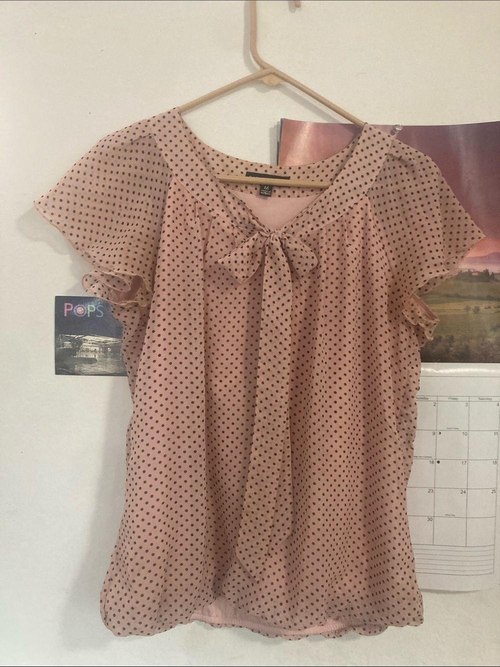Sara Michelle Pink Polka Dot Tie-Neck Flutter Sleeve Blouse
